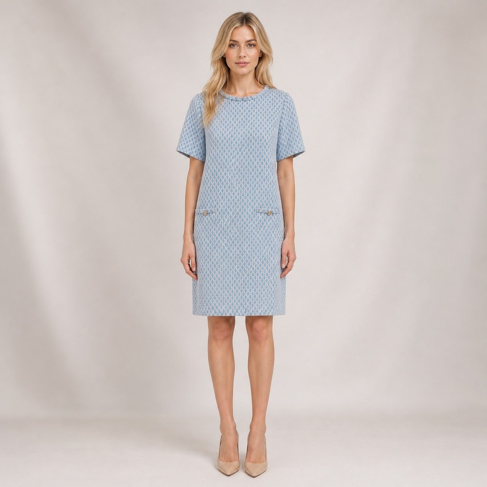 Rachel Zoe Tweed Shift Dress Textured Pocket Elegant Timeless Style Blue SZ XL